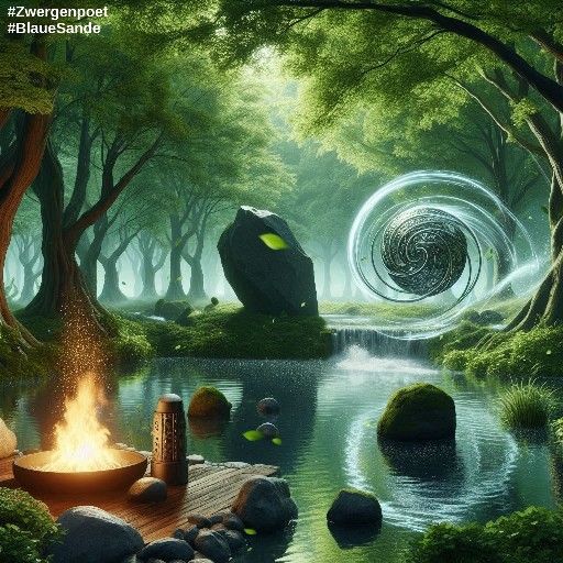 Im Vordergrund eine Feuerschale auf einem Steg an einem Teich im Wald. Am anderen Ufer ein Monolith, rechts daneben ein Windwirbel.